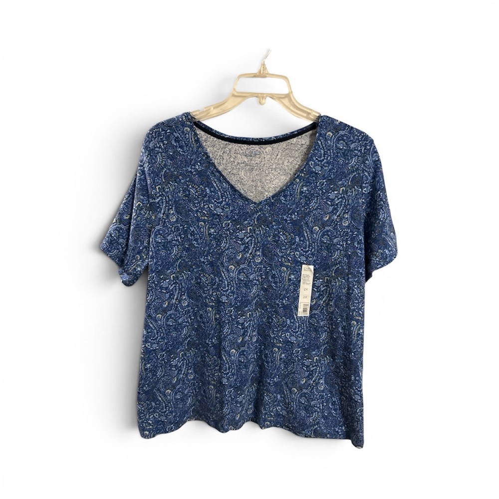 croft & barrow Blue Cyan Paisley V-Neck Short Sleeve Top NWT
